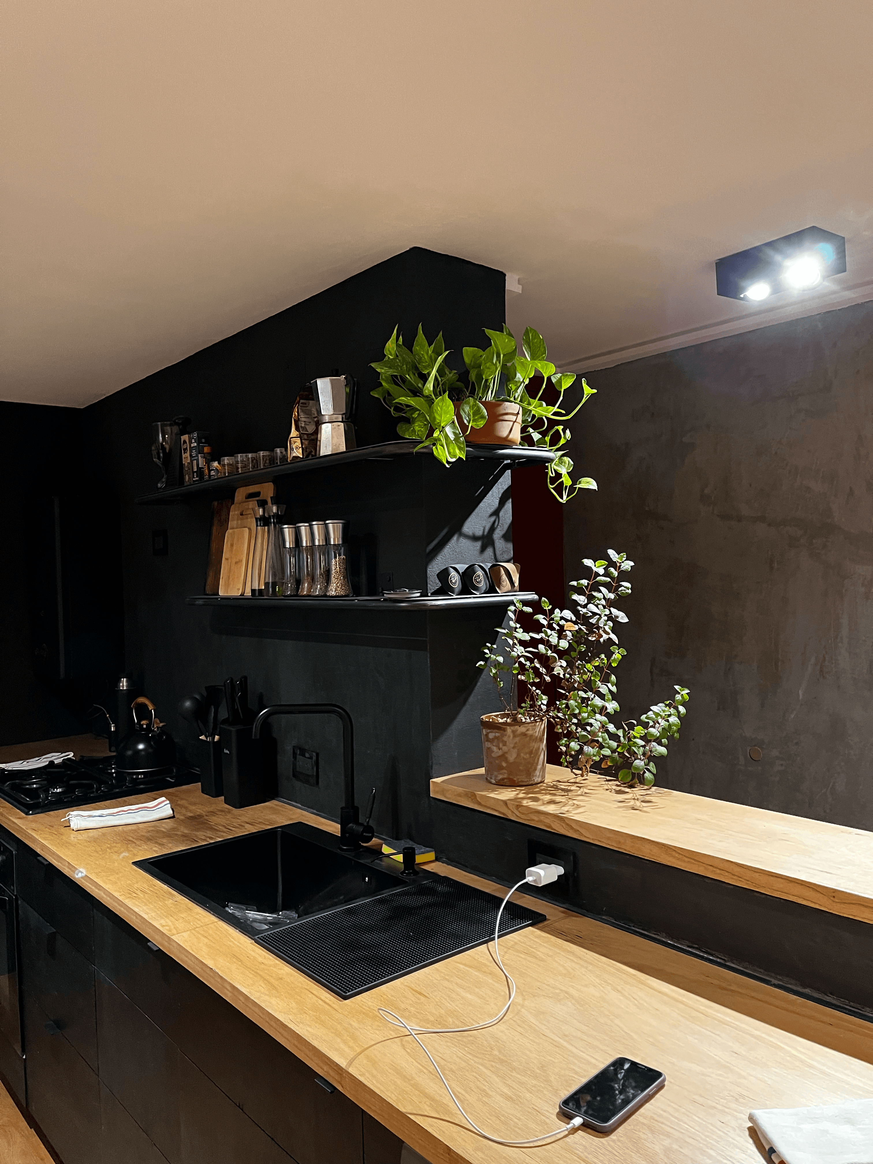 Cocina de diseño con isla, bacha negra y guardado